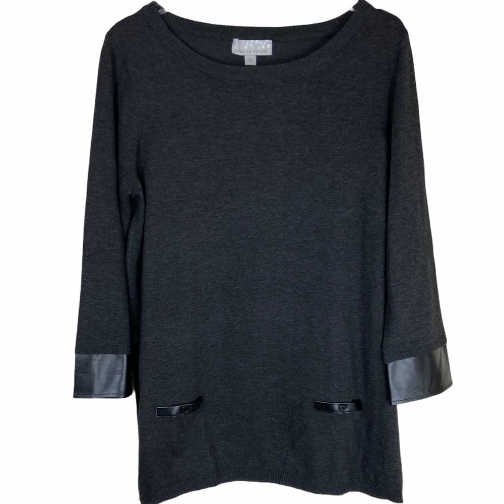 CAROLYN TAYLOR Sweater3/4 Sleeve Flax Leather Trim